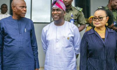 Chairman, Lagos State All Progressives Congress (APC), Cornelius Ojelabi (left); Deputy Governor, Obafemi Hamzat and Secretary to the State Government (SSG), Mrs. Bimbo Salu-Hundeyin, after the Appeal Court ruling on this year’s governorship election at Igbosere, yesterday. PHOTO: SUNDAY AKINLOLU