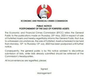Postponement of the Sale of Forfeited Assets- EFCCC