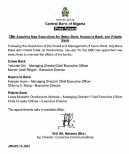 BREAKING: CBN Appoints New Executives for Union Bank, Keystone, and Polaris Bank
